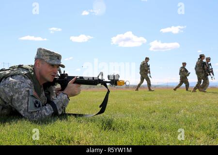 U.S. Army Sgt. Anthony Barba, 184th Headquarters and Headquarters Detachment (EOD), 184th Ordnance Disposal Battalion (EOD), 52nd Ordnance Group (EOD), covers his squad as they move during a squad movement exercise at the Yakima Training Center, Wash., April 21, 2017. The CBRNE Leaders Course is designed to create adaptable leaders capable of combating chemical, biological, radiological, nuclear, and explosive hazards in both permissive and non-permissive environments around the world. Stock Photo