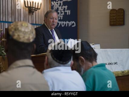 PEARL HARBOR (April 24, 2017)  A Bender, volunteer lay leader at the Aloha Jewish Chapel, tells stories of heroism during the Holocaust to military and civilian observers during a Holocaust Remembrance Ceremony held at Joint Base Pearl Harbor-Hickam. This year’s theme is, “The Strength of the Human Spirit”, and featured Dr. Bender as the guest speaker. Stock Photo