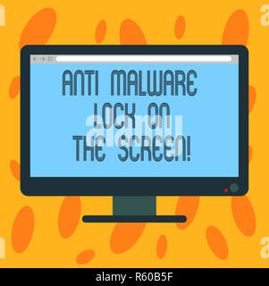 Writing note showing Anti Malware Lock On The Screen. Business photo showcasing Security safety against malware hacking Blank Computer Desktop Monitor Stock Photo