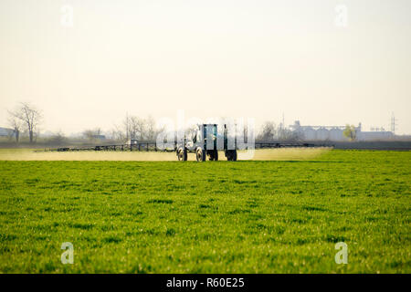 Tractor on the sunset background. Tractor with high wheels is making fertilizer on young wheat. The use of finely dispersed spray chemicals Stock Photo