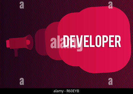 Word writing text Developer. Business concept for demonstrating or thing that develops grows or matures something Megaphone making public announcement Stock Photo