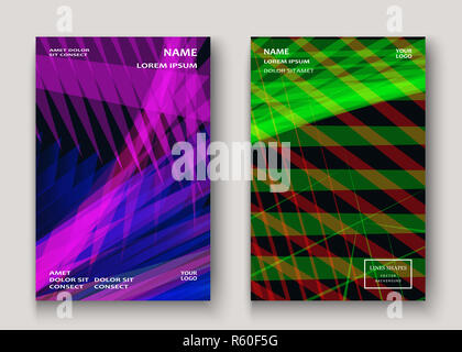 Modern technology striped abstract covers design purple green. Neon lines background frame. Trendy geometric template vector illustration for Cover Report Catalog Brochure Flyer Poster Banner Card Stock Photo