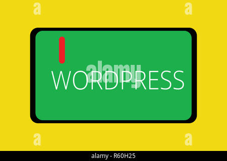Word writing text Wordpress. Business concept for free source publishing software that can installed web server Tablet Mobile Smartphone Cellular Devi Stock Photo