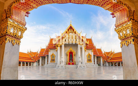 Panorama of Thai Marble Temple (Wat Benchamabophit Dusitvanaram) in Bangkok, Thailand Stock Photo
