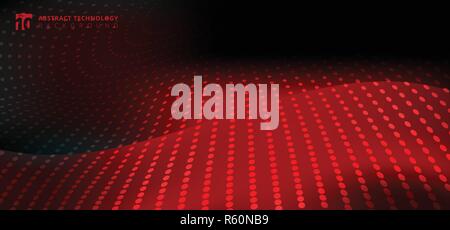 Abstract furturistic technology radial dots pattern on smooth fantasy motion blurred wave red light trail on black background. Vector illustration Stock Vector