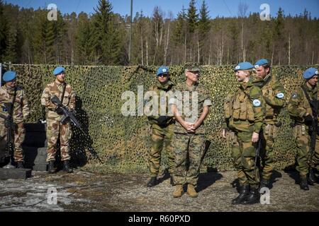 U.S Marine Col. Doug Bruun, commander of the Marine Coordination Element with Marine Rotational Force Europe 17.1 (MRF-E), meets with cadets of the Royal Norwegian Air Force Academy during a mock United Nations exercise in Giskaas, Norway, April 25, 2017. The cadets briefed Bruun on their notional unit status and organization. MRF-E galvanizes the Marine Corps’ long and close relationship with the Norwegian Armed Forces. Stock Photo