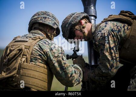 U.S Marine Lance Cpl. Edgar Barajaschaves, left, and Lance Cpl. John Sorrell, mortarmen with Black Sea Rotational Force 17.1, sight in to make adjustments to the 81mm mortar tube during a live-fire range at Exercise Platinum Eagle 17.2, at Babadag Training Area, Romania, April 27, 2017. Marines conducted a mortar range with Romanian counterparts to improve skills and interoperability. Platinum Eagle strengthens the trans-Atlantic strategic relationship between the U.S. and Europe which has been forged over the past seven decades and is built on a foundation of shared values, experiences and vi Stock Photo