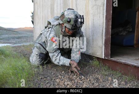 U.S. Army 1st Lt. Josiah Duka, 752nd Ordnance Company (EOD), 79th Ordnance Battalion (EOD), 71st Ordnance Group (EOD), searches for an improvised explosive device at an entryway during a situational training exercise (STX) lane at the Yakima Training Center, Yakima, Wash., April 28, 2017. The final days of the CBRNE Leaders Course are comprised of STX lanes that test what the Soldiers' learned throughout the duration of the course. Stock Photo