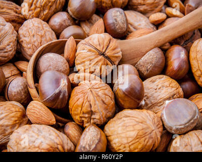 Background with different kinds of nuts  walnuts kernels ,macadamia,hazelnut, and almond with wooden spoon. Selective focus depth of field. Stock Photo