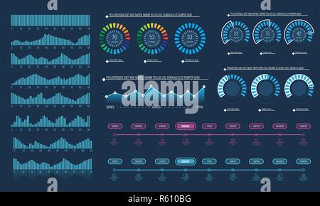 Set of Intelligent technology hud interface. Elements for Network management data screen with different chart and diagram. Illustrated vector. Stock Vector