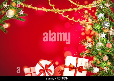 Red bright fairy background template with beautiful Christmas tree branches, Holiday decorations and lettering. Christmas gifts, balls, stars, golden tinsel and confetti. Stock Vector