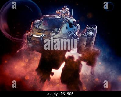 3d illustration on a fantastic dark background.Military robot. Stock Photo