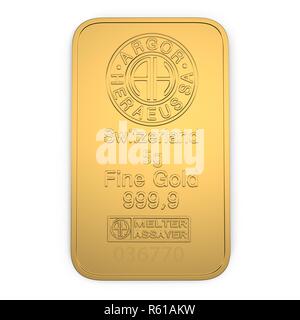 gold bar 5g isolated on white background. Top view. 3D illustration Stock Photo