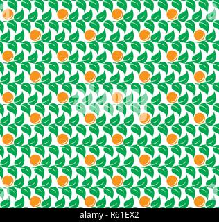 Green leaves of trees with orange tangerines seamless pattern. Vector and illustration background Stock Vector