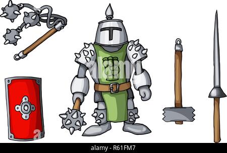Hand drawn sticker knights colored doodle weapons set isolated on white Stock Vector