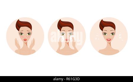 Skincare and acne treatment steps Beautiful young girl applying beauty product on face and gets her skin healthy Stock Vector