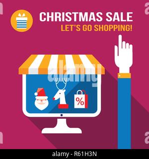 Computer with Christmas web icons on the screen Flat design style Stock Vector