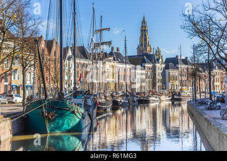 Historic ships in the Hoge der aa canal of Groningen, The Netherlands Stock Photo