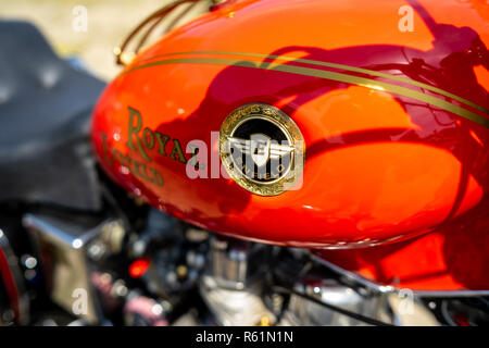 PAAREN IM GLIEN, GERMANY - MAY 19, 2018: Emblem of motorcycle Royal Enfield Bullet 500. Die Oldtimer Show 2018. Stock Photo