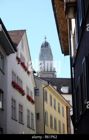 Tower of the Grossmunster Protestant church in Zurich, Switzerland Stock Photo