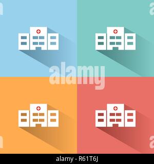 Hospital icon with shadow on colored backgrounds. Vector illustration Stock Vector
