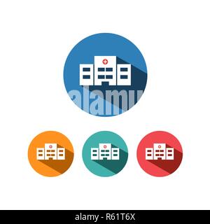 Hospital icon with shadow on colored circles. Vector illustration Stock Vector
