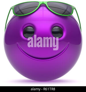 Smiley face cheerful head blue purple ball sphere emoticon cartoon smile happy decoration cute sunglasses. Smiling funny joyful person laughing joy ch Stock Photo