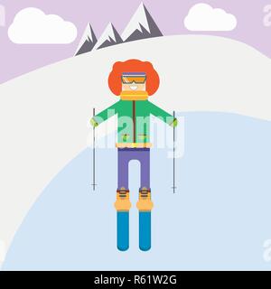 Young woman downhill skiing winter activity vector illustration design. Stock Vector