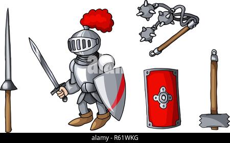 Hand drawn sticker knights colored doodle weapons set isolated on white Stock Vector