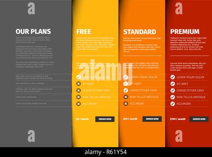 Product / service price comparison cards with description and icons Stock Vector