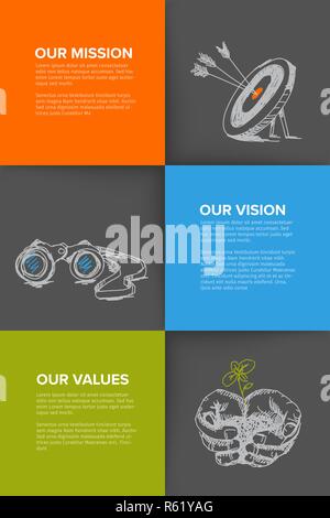 Company profile template - corporation main information presentation with mission, vision and values statement - dark version Stock Vector