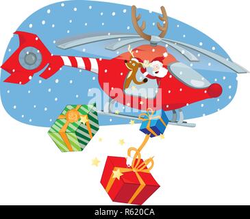 a vector cartoon representing a funny Santa Claus and a reindeer helper flying in a decorated helicopter and delivering presents on Christmas day Stock Vector