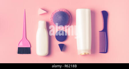 Banner set of cosmetics and items for body and hair care. Cosmetics for Spa treatments top view flat lay Stock Photo