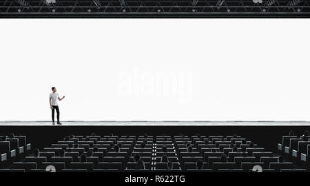 Presentation hall with person on scene auditorium blank screen mockup, left side view. Empty ...