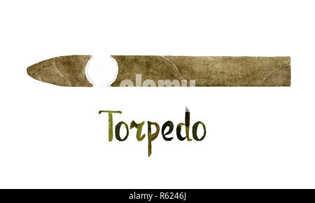 Torpedo cigar shape, isolated hand painted watercolor illustration with handwritten inscription Stock Photo