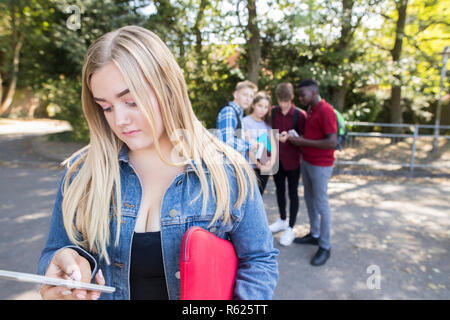 Unhappy Teenage Girl Being Bullied By Text Message At School Stock Photo