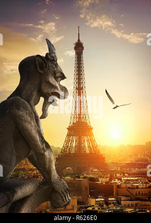 Stone Chimera and Eiffel Tower Stock Photo
