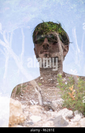 Double exposure of handsome man and nature background Stock Photo