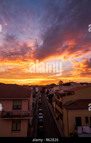 Amazing colorful sunset on Italy town, Sardinia island Stock Photo