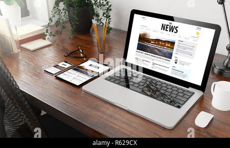 devices news on wooden desktop 3d rendering Stock Photo
