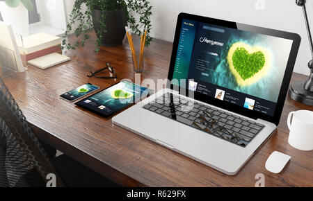 devices honeymoon on wooden desktop 3d rendering Stock Photo