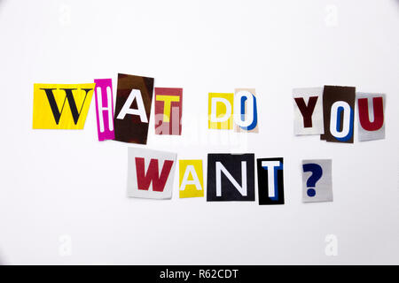 A word writing text showing concept of What Do You Want question made of different magazine newspaper letter for Business case on the white background with copy space Stock Photo