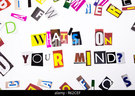 A word writing text showing concept of What's On Your Mind question made of different magazine newspaper letter for Business case on the white background with copy space Stock Photo