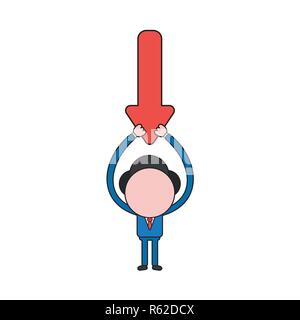 Vector illustration concept of businessman character holding up arrow pointing down. Color and black outlines. Stock Vector