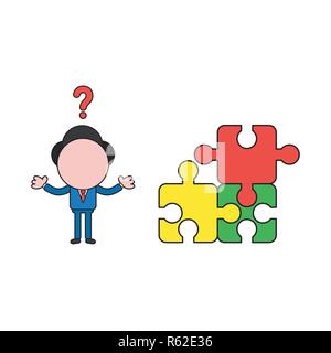 Vector illustration concept of businessman character confused with three connected puzzle pieces and one missing piece. Color and black outlines. Stock Vector