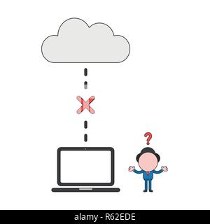 Vector illustration concept of businessman character with cloud and laptop and connection error. Color and black outlines. Stock Vector
