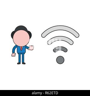 Vector illustration concept of businessman character with wireless wifi symbol and showing hand stop gesture. Color and black outlines. Stock Vector