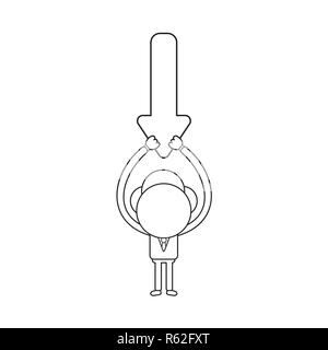 Vector illustration concept of businessman character holding up arrow pointing down. Black outline. Stock Vector