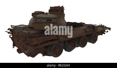 damaged rusty battle tank on an isolated white background. 3d illustration Stock Photo
