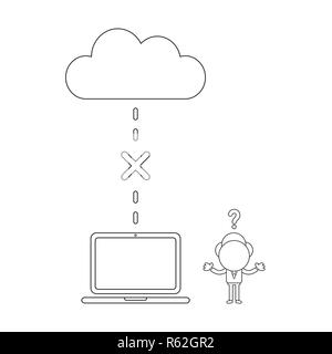 Vector illustration concept of businessman character with cloud and laptop and connection error. Black outline. Stock Vector